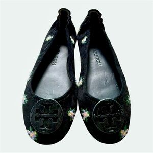 TORY BURCH Minnie Travel Flat Women 8 Black Daybreak Ditsy Floral Embroider Shoe